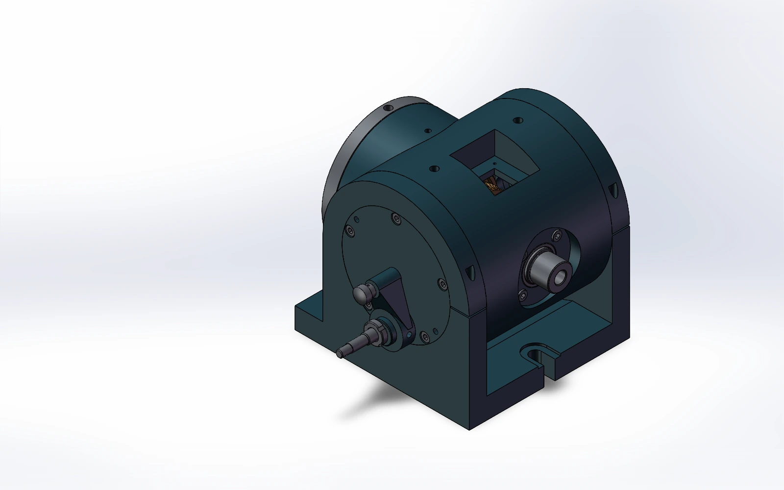 电感分度头 SolidWorks 总装成果,含底座、壳体、主轴与传动机构